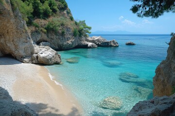 Naklejka premium Crystal clear turquoise water inviting for a swim at amazing secluded beach in lefkada, greece
