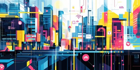 An abstract depiction of IoT showcases vibrant lines and icons connecting smart devices in a bustling city, highlighting technological integration.