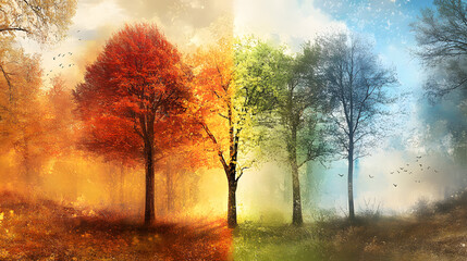 An artistic rendering of the seasonal changes in a forest, highlighting nature’s cycles.