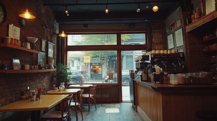 Cozy coffee shop interior with brick walls and large windows showing street view