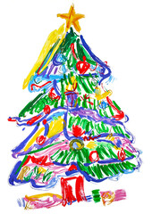 An abstract Christmas tree drawn with a childlike illustration style, painting on transparent background