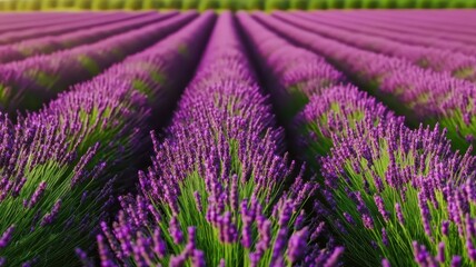 Fototapeta premium Mesmerizing vast lavender field at sunrise, a serene scene of tranquil beauty and nature's artistry.
