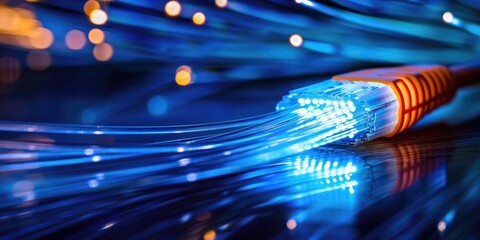 A close-up image of a sleek, illuminated fiber optic cable, showcasing vibrant blue light against a dynamic background of glowing fibers.