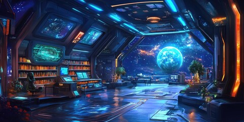 An outer space colony-themed virtual library featuring planetary shelves, interactive space station modules, and a cosmic atmosphere for exploration.