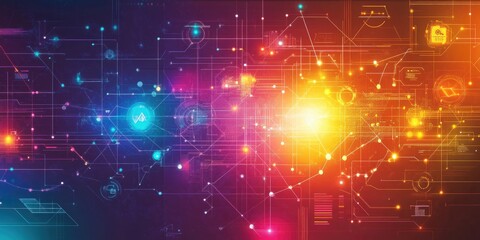 Obraz premium An abstract tech background showcases bright lines and nodes that link various business icons, demonstrating strategic network communication.