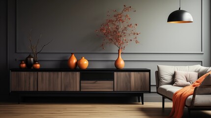Stylish living room with a black sideboard against a white wall and wooden paneling, creating a modern contrast.