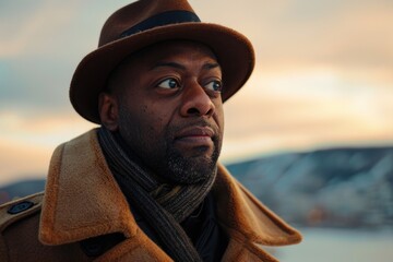 A man dressed in a hat and coat stands outdoors, gazing off into the distance