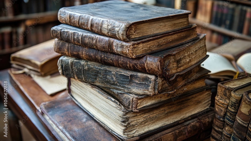 Poster stack of old leather bound books resting on wooden table in library