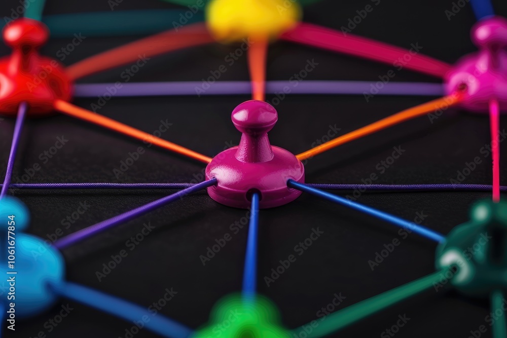 Aufkleber colorful game pieces connected by strings on a dark background, symbolizing networking or connectivi