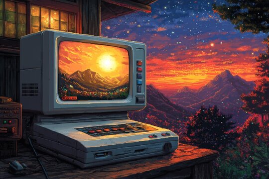 A retro desk setup with an old monitor. Generative AI