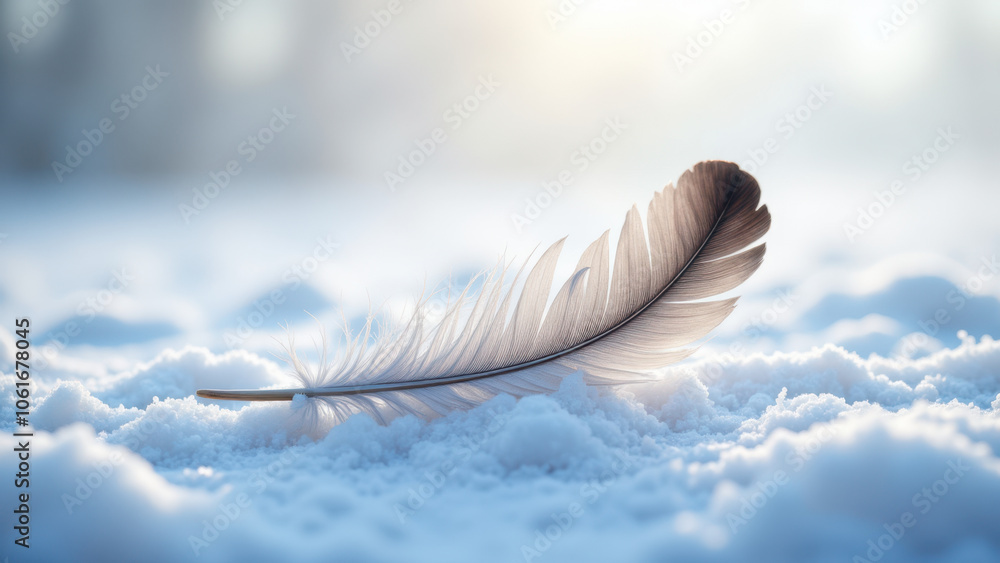 Poster a single feather resting on a snowy surface with soft lighting.