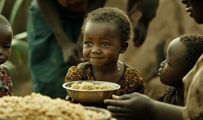 Young girl holding a bowl of food, smiling.
