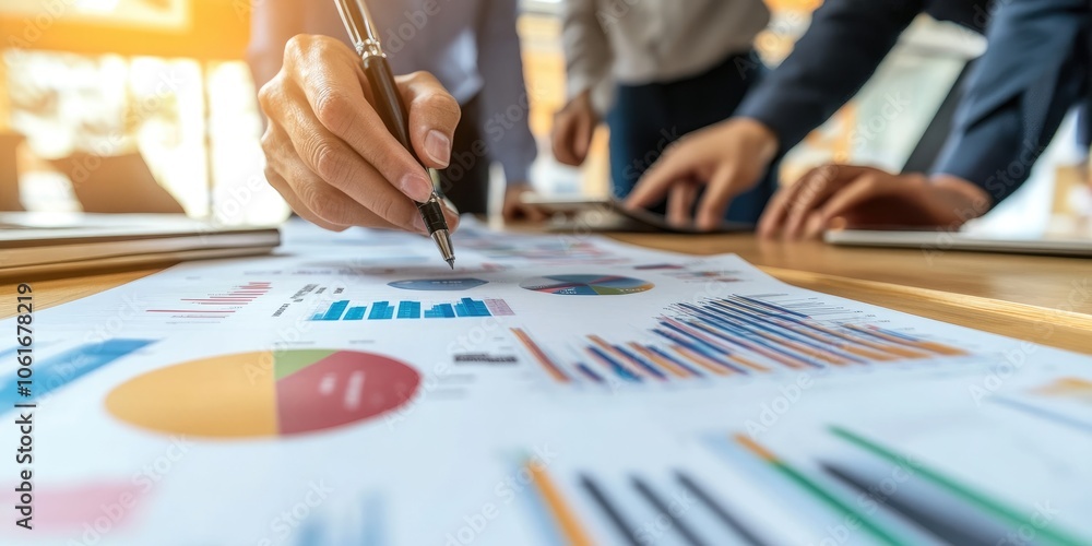 Poster a corporate team discusses strategies for improving profit margins, utilizing data visualizations to