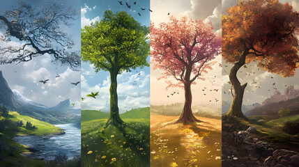 An artistic representation of the four seasons, showcasing their impact on natural cycles.