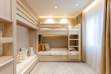 Contemporary children's room design showcasing a beige bunk bed, warm lighting, and comfortable textiles, creating a peaceful and inviting atmosphere