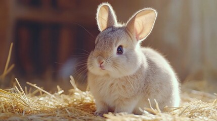 A small rabbit perched on top of a stack of hay