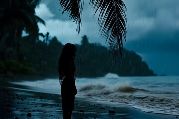 Silhouette of a woman on a beach during a rainstorm.