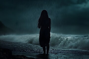 Obraz premium Silhouette of a woman standing in the rain.