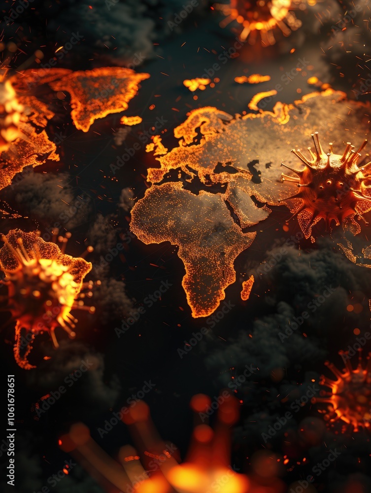 Poster a fiery, abstract representation of a world map surrounded by swirling clouds, emphasizing themes of