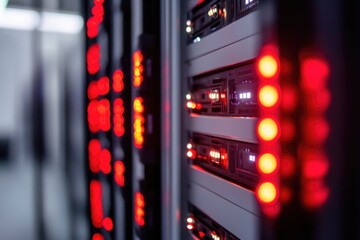 Row of servers in a modern data center, with network cables and racks