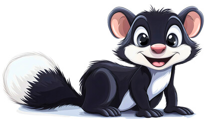 Playful skunk cartoon animal, endearing cute isolated character zoo, expressive tail fur flat illustration, adorable cheerful fluffy, funny wilderness smiling