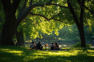 Friends enjoying picnic in city park under leafy trees near lake