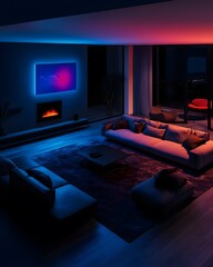 Modern living room with blue and red lighting.
