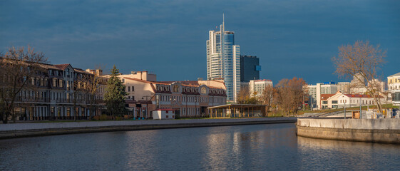 dawn in autumn in the historical center of Minsk.