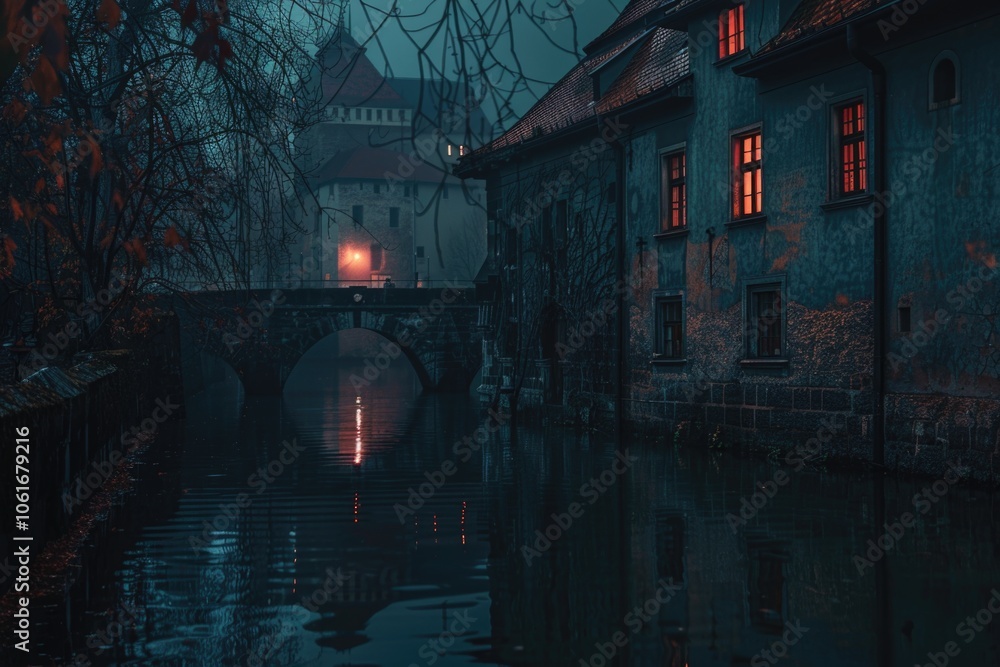 Poster a bridge crossing over calm waters with a building standing tall in the background