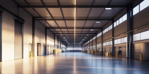 Naklejka premium Sustainable warehouse showcasing energy-efficient lighting, eco-friendly materials, and automated systems that encourage environmentally-conscious practices.