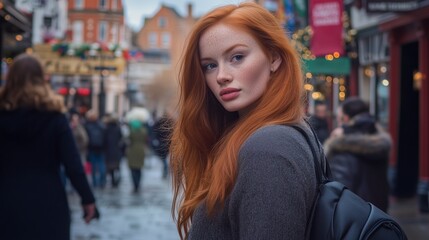 Fototapeta premium A woman with red hair and freckles walks down a city street
