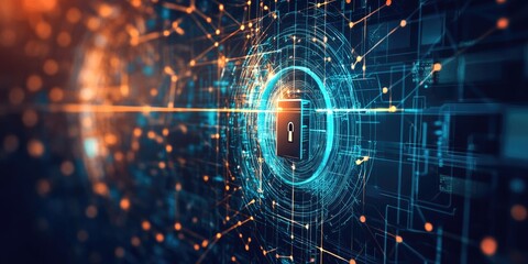 Obraz premium A close-up of a digital lock illustrates the concept of data encryption, symbolizing secure access, against a tech-themed background with no people visible.