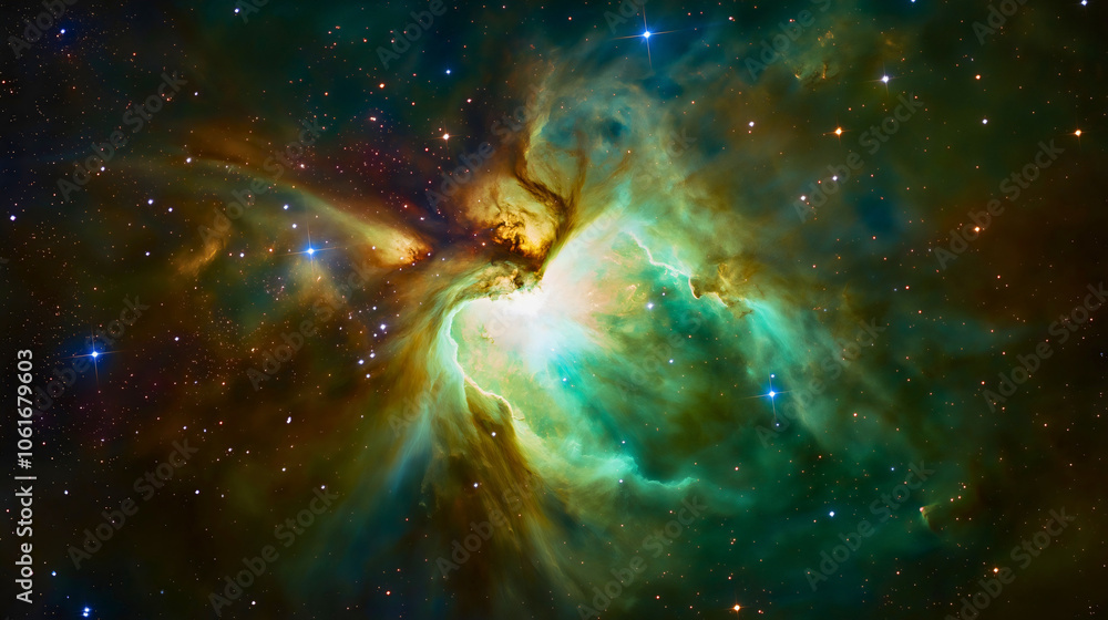 Wall mural ethereal green galaxy cosmos, mysterious space nebula universe light, radiant abstract glow deep bac