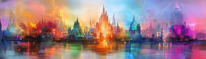 Obraz premium A vibrant, colorful cityscape with tall buildings and a magical atmosphere.