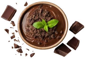 Decadent pudding chocolate isolated, luxurious bowl sweet dark above, indulgent confection top view snack brown, creamy delicious homemade, smooth gourmet fresh