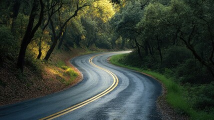 Fototapeta premium Winding road through lush forest in the sunlight