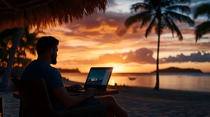 Man working on laptop at sunset on a beach