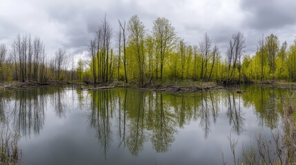 Obraz premium Serene Lake Surrounded by Trees and Wildlife
