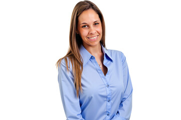 Smiling businesswoman wearing blue shirt on white background