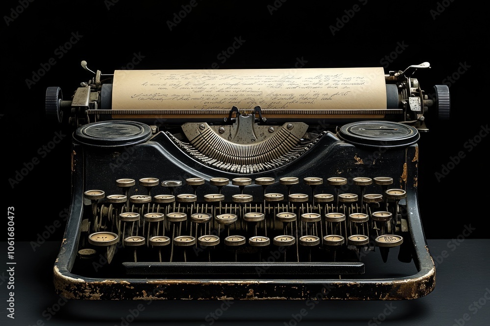 Poster old typewriter showing handwritten text on paper in dark background
