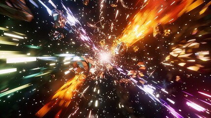 Fototapeta premium Vibrant fireworks display against dark night sky symbolizing new beginnings, dynamic burst of light captured with wide-angle lens, ample copy space for text or design elements.