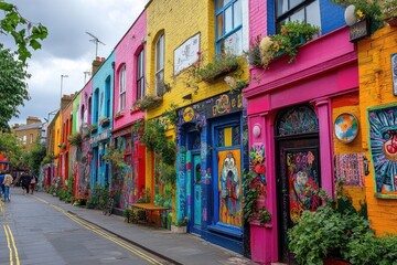Naklejka premium Colorful houses lining vibrant street in notting hill, london, featuring street art and plants