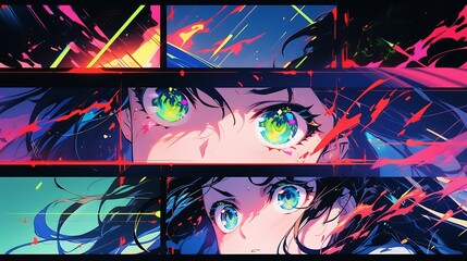 Rough, brutal manga panels are arranged in a collage with neon glitch effects and jagged copy lines for a Y2K feel, colorful anime style