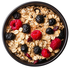 Nourishing oatmeal bowl top view, wholesome isolated raspberry fruit blueberry, energizing morning...