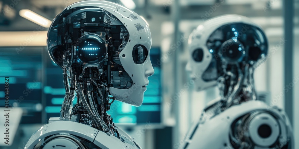 Leinwandbilder an advanced cybernetics research lab featuring sophisticated robotic prototypes, where scientists te
