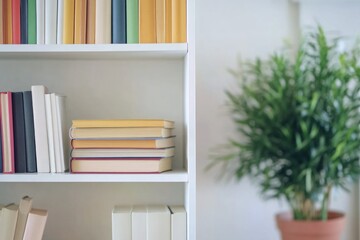 A bookshelf filled with books and a potted plant, ideal for use in an office or home study