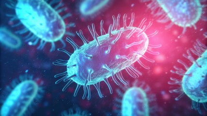 Obraz premium Microscopic View of Blue Bacteria Under Light