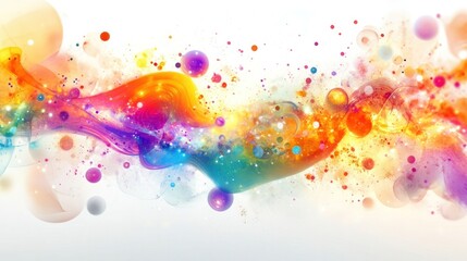 a burst of colorful quantum particles and waves, skillfully layered over a white background,