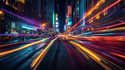 A dynamic image capturing vibrant light trails weaving through a busy city street at night