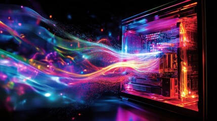 A vibrant, high-tech gaming PC interior with RGB lights illuminating the fans, cables, and components. Bright neon colors create a futuristic and energetic visual, highlighting the intricate hardware 